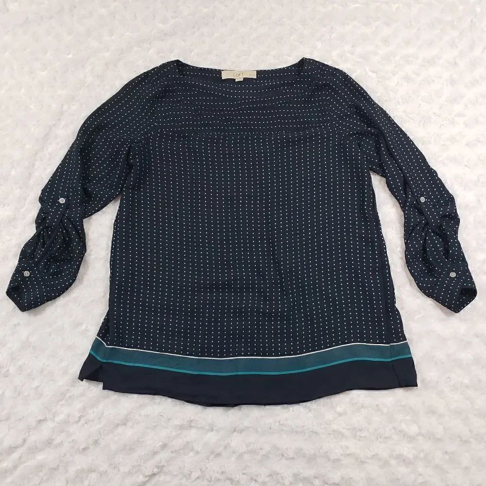 Loft petites size small sheer navy blouse with teal dots and sleeve buttons